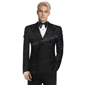 B02 Luxury 2 Pieces Men's Suits Jewel Decoraction Notched Lapel Groom Wedding Blazer Formal Party Prom Suits Wedding Groom