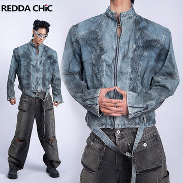 ReddaChic Cowboy Dirty Wash Denim Jacket Men Shirring Belt Shoulder Pads Stand Collar Zip-up Bomber Coat Retro Hiphop Streetwear