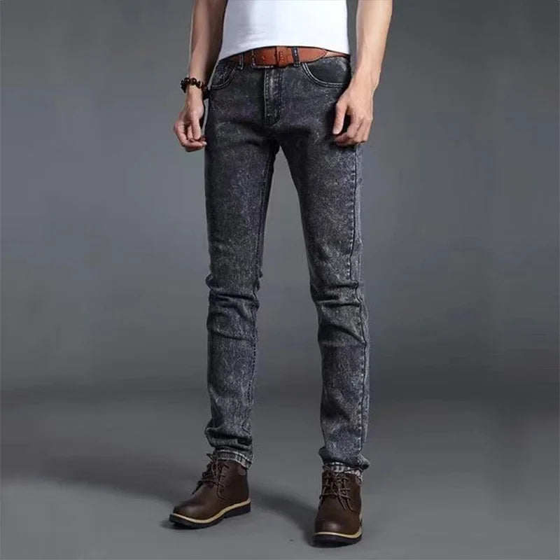 Men New Fashion Black Blue Denim Jeans Men Slim Fit Denim Pants Cotton Stretch Trousers Classic Daily Pencil Pants