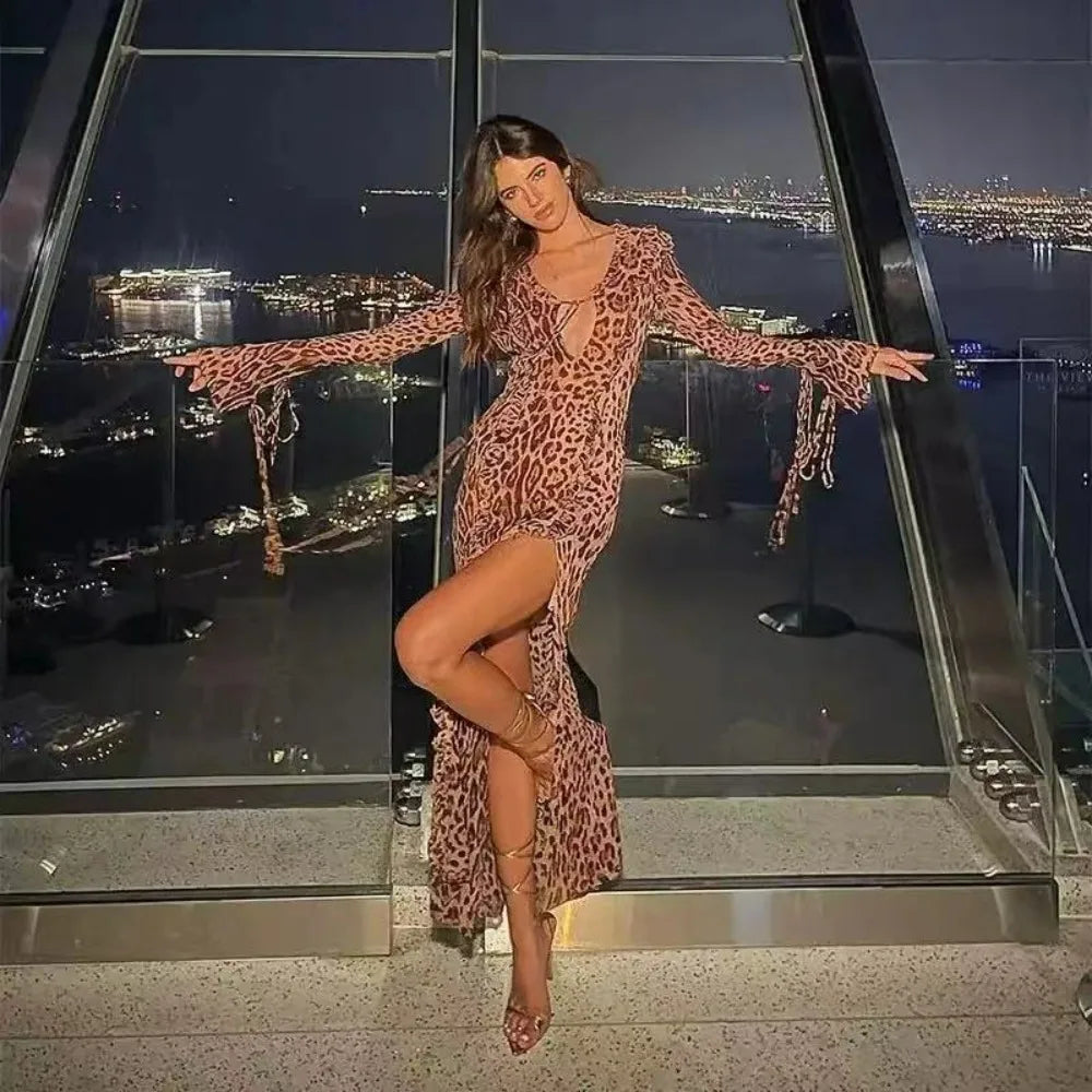 Vestido de praia com estampa de leopardo feminino moda com renda para cima vestidos longos e longos Vestido sexy de festa de férias de chiffon 2024 verão