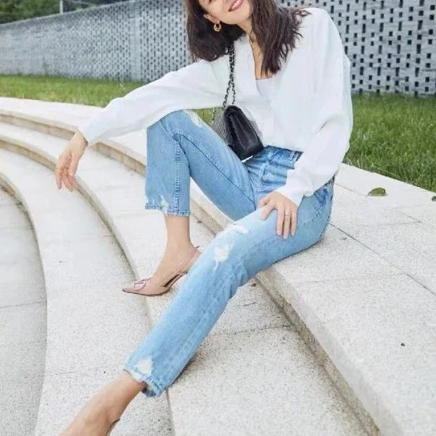 2024 Spring Summer New Women High Waist Distressed Retro Jeans Casual Fashion Ankle-length Denim Pants