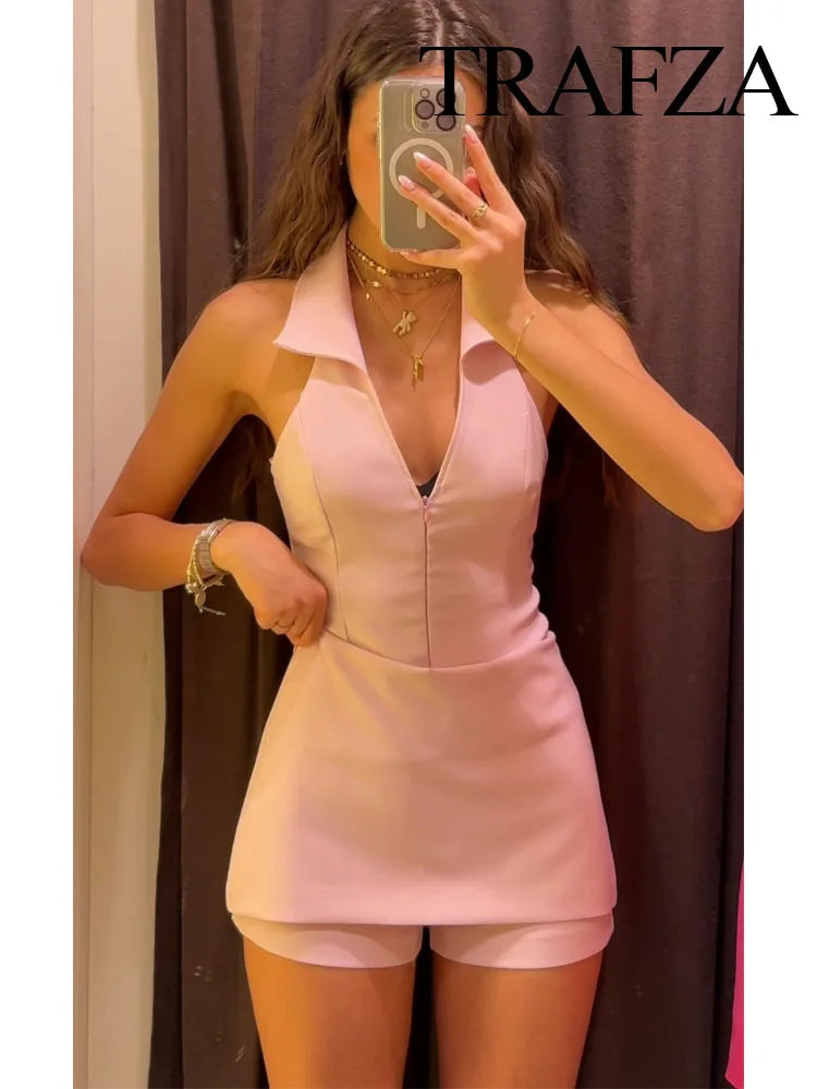 Trafza Femmes Pink 2 pièces Ensemble sexy en V V V sans manches suspension Suspenten Zipper Top + taille haute de poche arrière mini jupes de jupes y2k