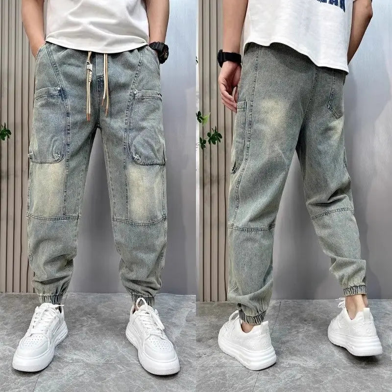 Trendy Loose Harem Pants Elastic Waist Stylish Cropped Jeans Men's Spring Autumn New Arrival