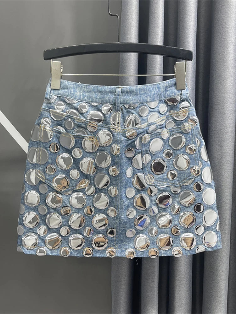 Deat 2024 Sommer Neue Mode Frauen -Denimrock hoher Taille Rundpaine Patchwork Wrap Hip Blue Short Miniröcke 29L4143