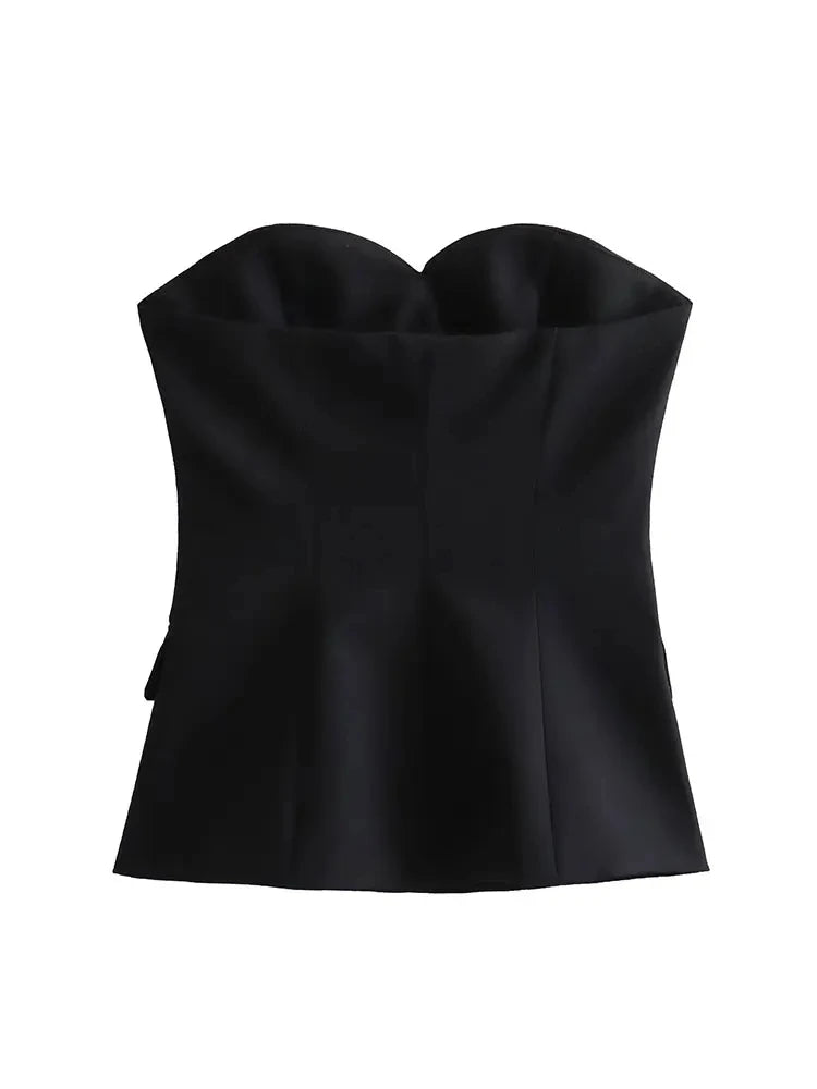 Nlzgmsj TRAF Black Crop Top Women Sexy Spliced Corset Top Female Heart Collar Backless Tops for Women Strapless Tube Tops Woman