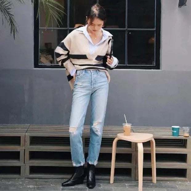 2024 Spring Summer New Women High Waist Distressed Retro Jeans Casual Fashion Ankle-length Denim Pants