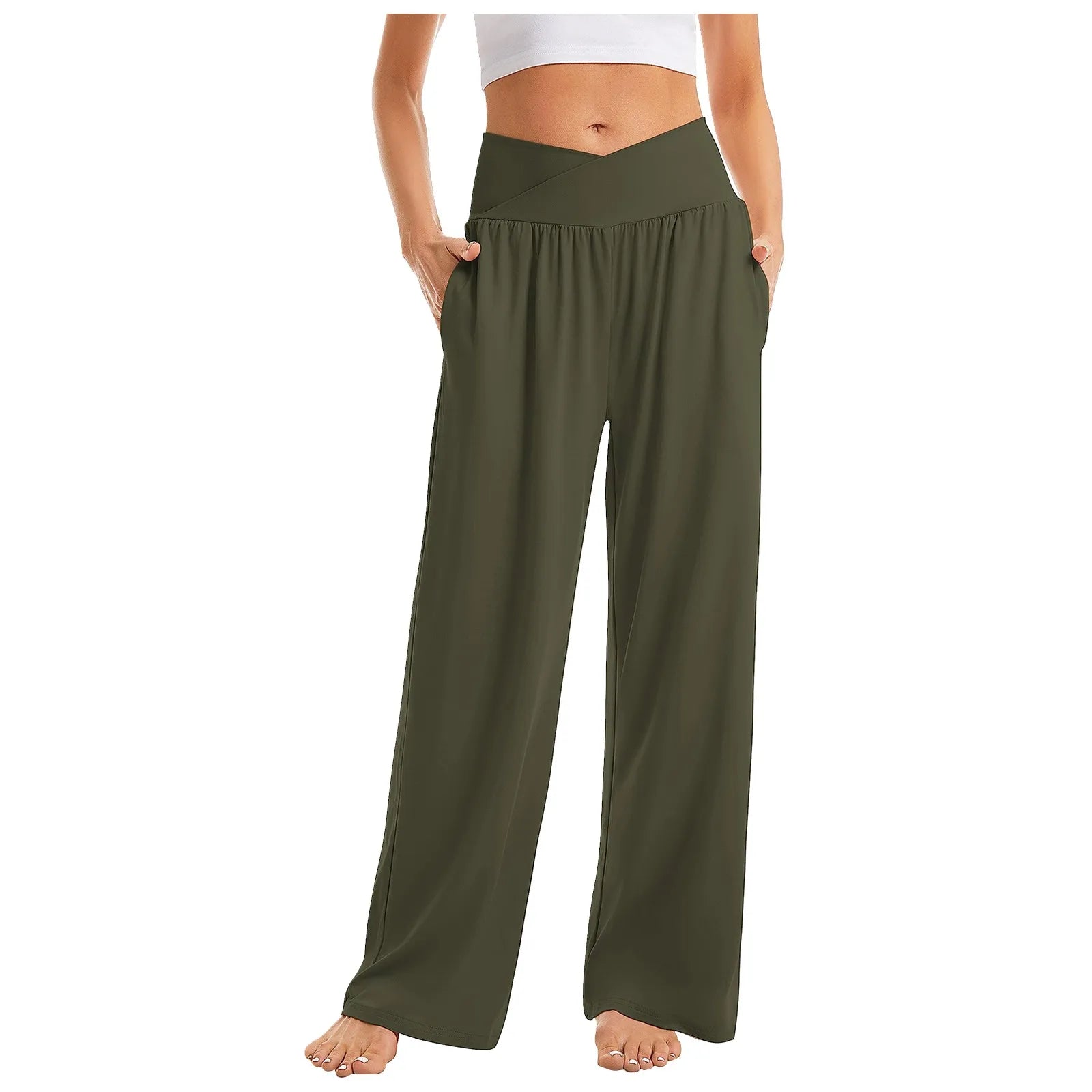 Women's High Waist Solid Color Casual Trousers Wide Leg Sports Pants With Pockets