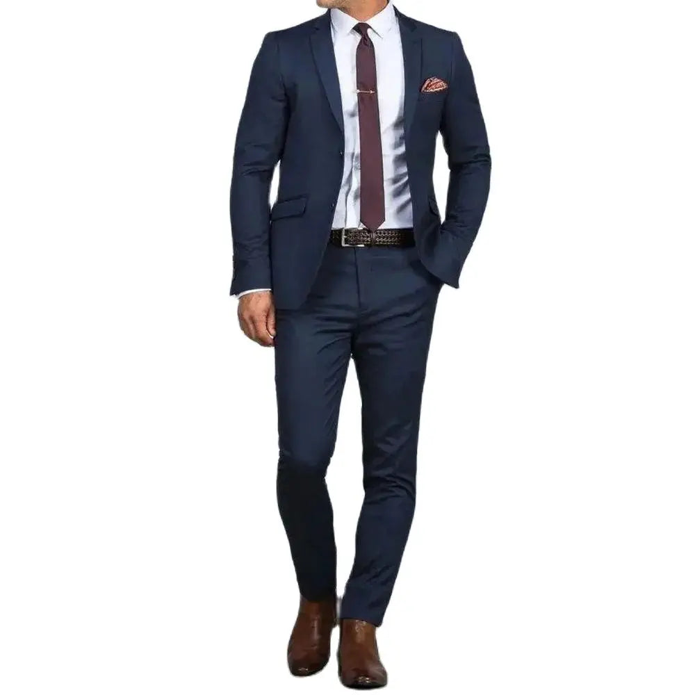 Navy Blue Notch Lapel Single Breasted Men Suits Flat Front Regular Length High End Smart Casual Office Work Outfits Male Blazer