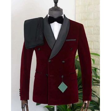 Luxury Men Suits Burgundy Velvet Blazer Black Pants 2 Piece Double Breasted Shawl Lapel Formal Wedding Bespoke Male Clothing