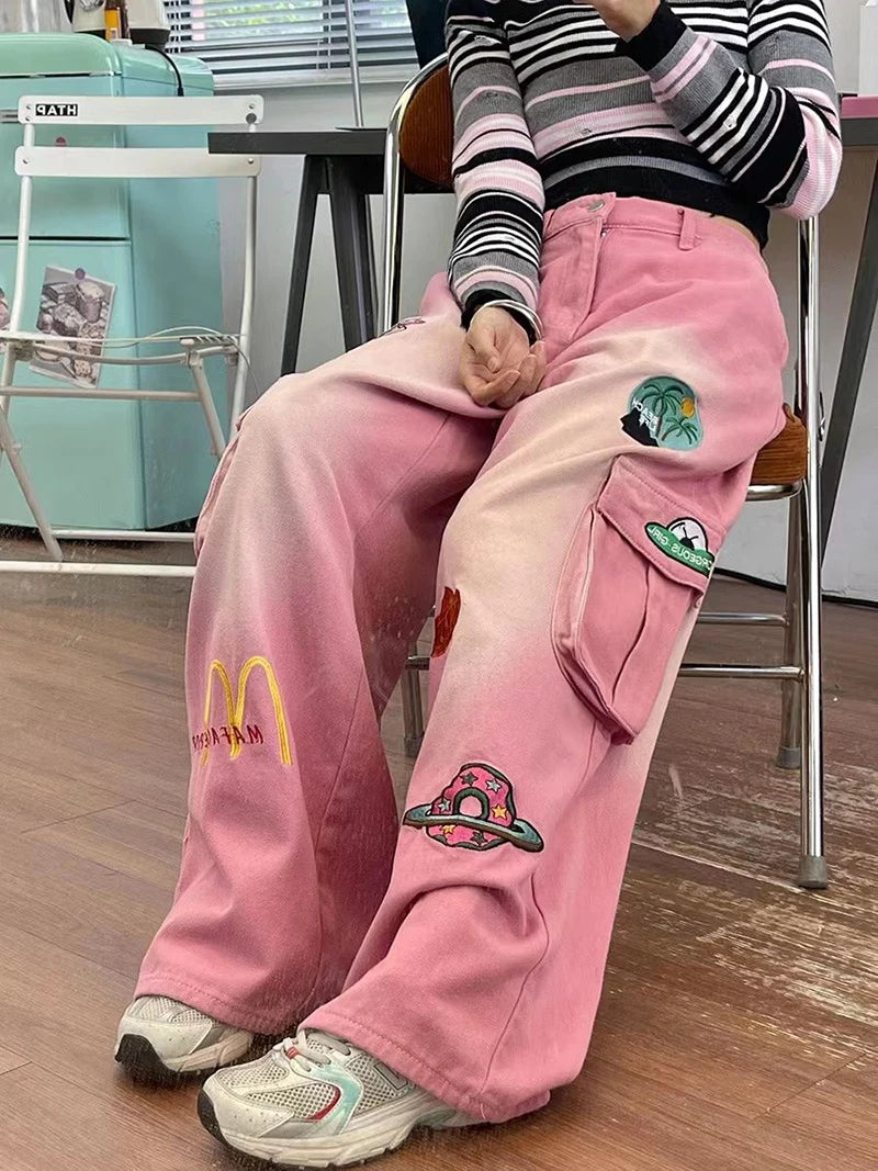 American Pink Cartoon Embroidered Baggy Cargo Mom Jeans for Women 2024 Spring New Waist Slimming Wide Leg Pants Trousers Female