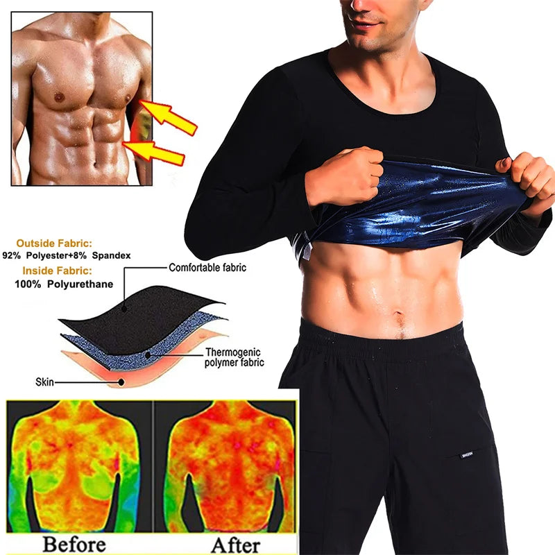 Aiithuug Sauna Sweat Weight Loss Blue Lined Sweating Long Sleeve Men Body Shaper Body Building Tops Gym Workout Corsets Fat Burn