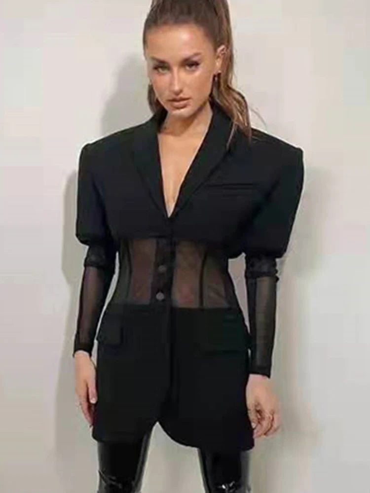 DEAT Fashion Women's Blazer New Notched Collar Patchwork See-through Mesh Single Breasted Slim Suit Jackets Autumn 2024 17A2745