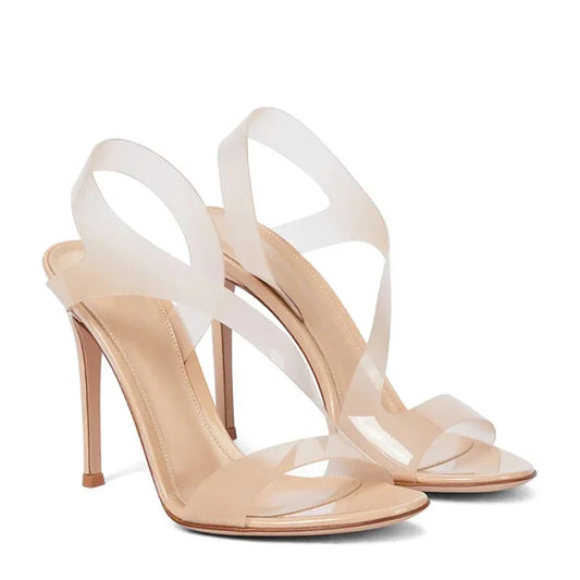 Pvc Open Toe Stiletto Heel Sandals Woman Summer 2025 Sexy Apricot Black Transparent Slip-On High Heel Formal Dress Shoes