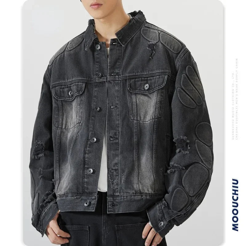 Retro Denim Jacket Men Convex Turtle Shell Pattern Hip Hop Bomber Jackets High Street Loose American Style Ripped Cowboy Coats
