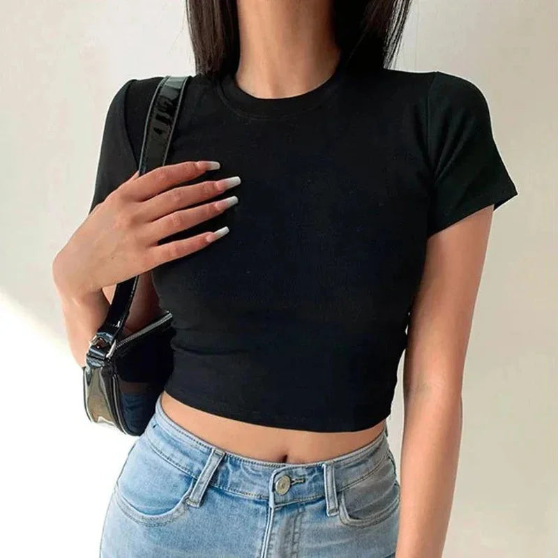 Short Sleeve T-Shirt Women Solid Simple Casual Soft All-Match Basic Crop Tops Tees Summer Fashion Skinny Tops Black White