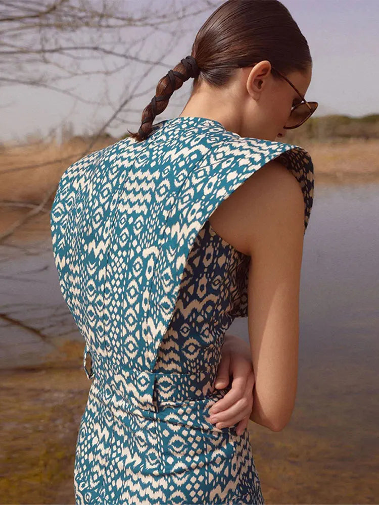 Vestido estampado de manga voladora vintage para mujeres elegantes o cuello soltero túnicas de bolsillo de pecho