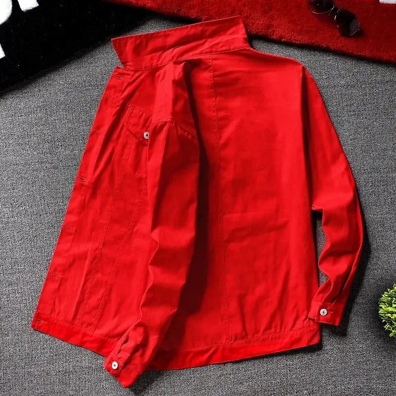 Male Jean Coats Button Punk Men's Denim Jacket Red Slim Fit With Print Worn Large Size Trendy Korean Style Designer Cowboy G L