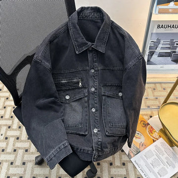 Men Black Denim Jacket Spring Autumn New Korean Retro Casual Versatile Lapel Zipper Coats Fashion Loose Large Pockets Solid Tops