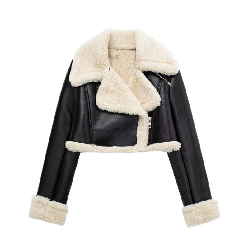 2023 New Women Fashion Thick Warm Faux Shearling Crop Jacket Coat Vintage Long Sleeve Front Zipper Female Outerwear Chic Tops