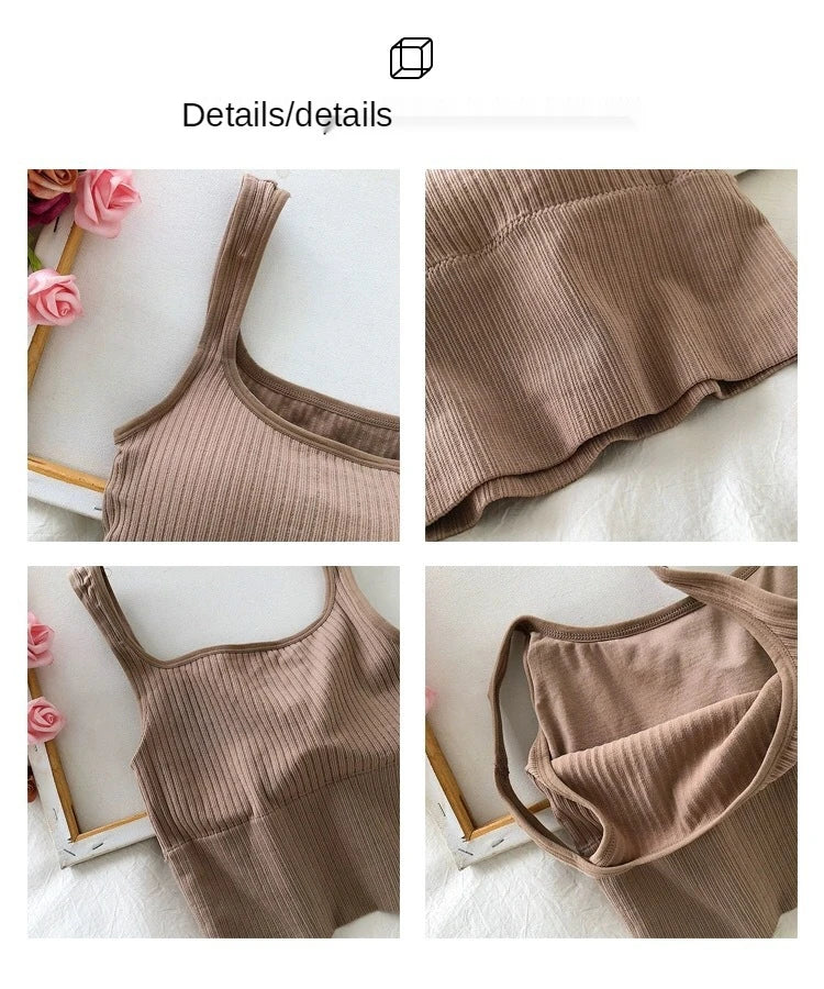 Summer Crop Top Women Seamless Square Collar Wide Straps Tank Top Knitted Striped Camisole Solid Corset Top Female