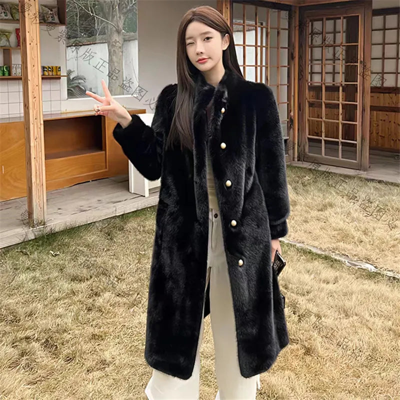 Long Faux Fur Coat for Women, Turn-down Collar, Loose Thicken Warm Teddy Jacket, High Quality Female Clothes, Winter, New, 2024