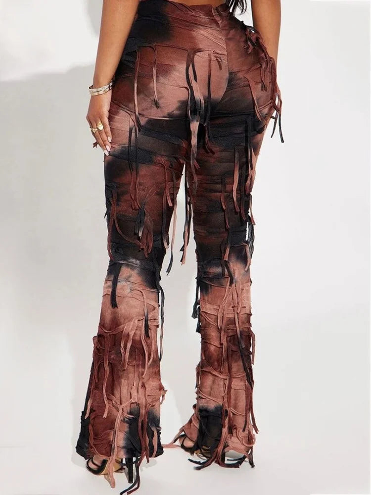 DEAT Fashion Women Casual Pant Fringe Lace-up Contract Color Slim Designer Floor-length Boot Cut Female Summer 2024 New 17A9439