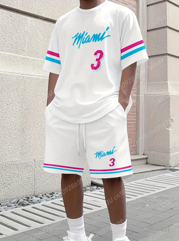 2025 Summer Men's Miami No.3 Printed Casual Sports Adult Basketball Jersey Jogging Set Tracksuit 2 Pieces Set Men Clothing