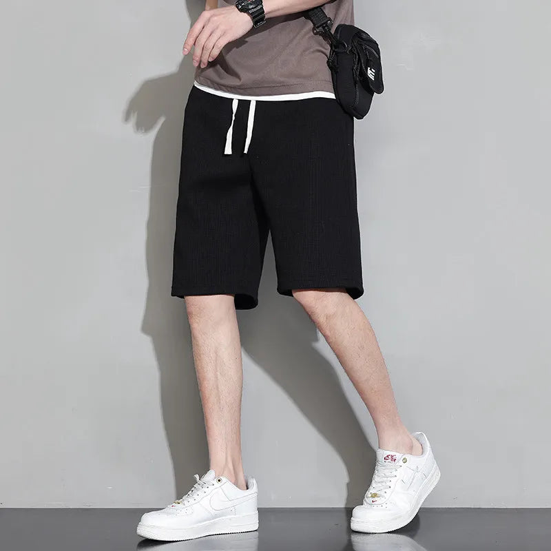 Men Shorts Solid Color Mid Waist Summer Shorts Waffle Texture Deep Crotch Drawstring Male Shorts Loose Knee Length Casual Short