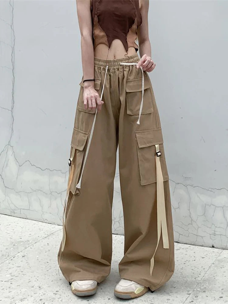 Zoki Pure Cotton Harajuku Cargo Pants Women Vintage Streetwear Oversize Bf Trousers Retro Pockets Casual Hip Hop Straight Pants