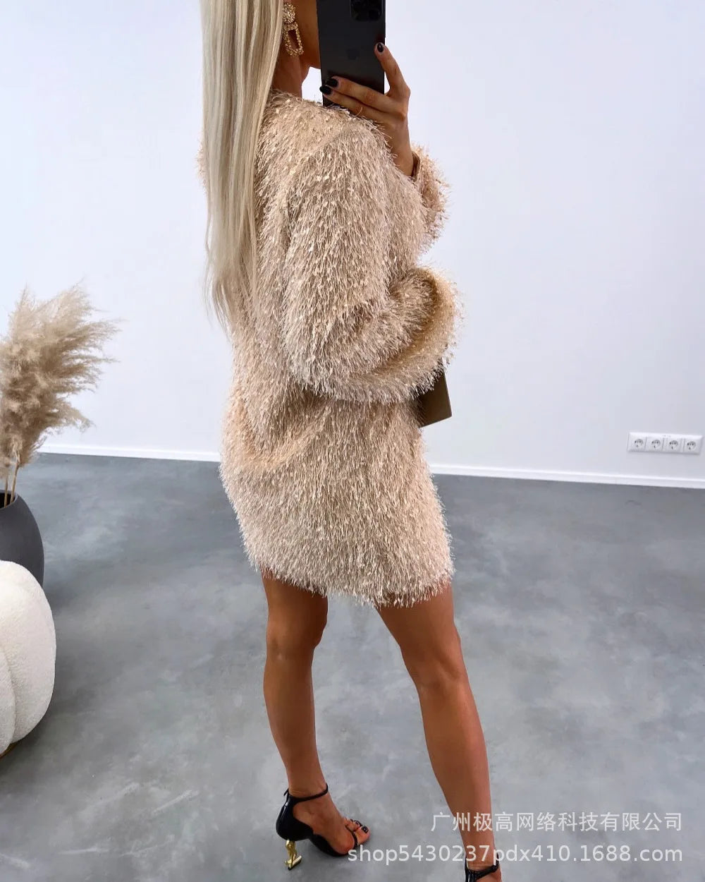 Women Dresses Spring Fashion Fluffy O-Neck Casual Plain Long Sleeve Daily Mini Straight Dress Woman Clothing