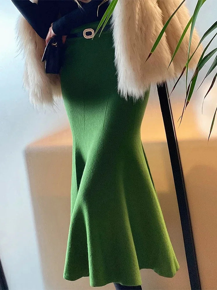 Women's Skirts 2024 Autumn Winter Fashion Knitted Long Skirts for Women Green Vintage Slim Korean Style A-LINE Fishtail Skirt