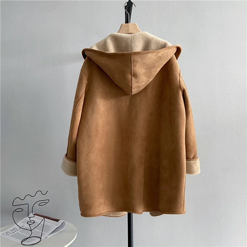 Fashion Sheep Shearling Fur Jacket Women Warm Mid-length Casual Wool Coat 2022 Winter Coat Women Korean Hooded Short Fur Coat Z