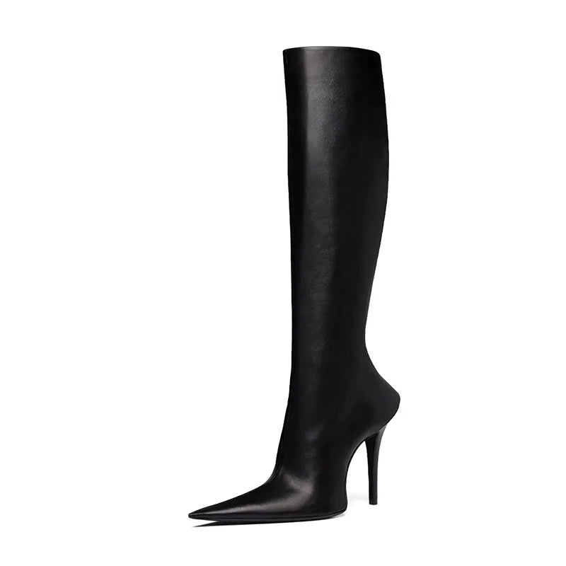 Arden Furtado European style boots for women knee high Pointed toe Thin heels Side zipper skinny calf knee high boots black