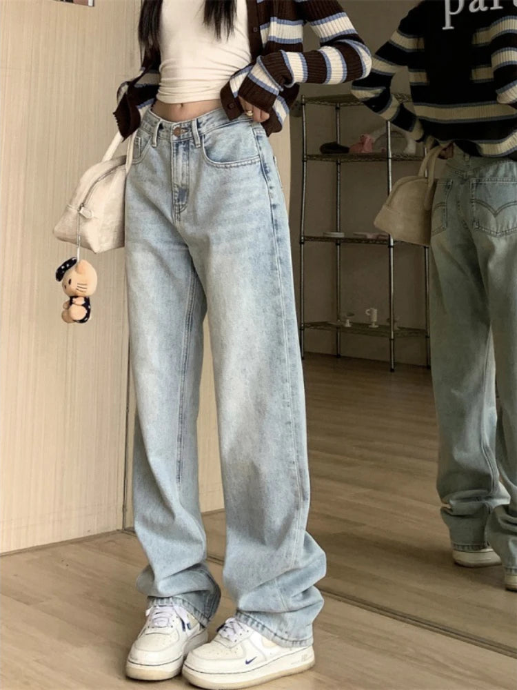 Qweek Vintage 90S Jeans femmes Y2k High taille pantalon droit bleu droit décontracté pantalon de longueur de plancher en vrac en détresse