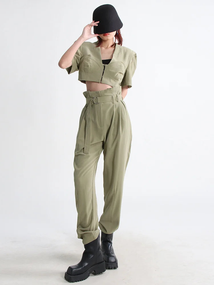 VGH Slim Two Piece Sets For Women V Neck Short Sleeve Crop Tops High Waist Spliceed Belt Wide Leg Pants Casual Set Female 2023