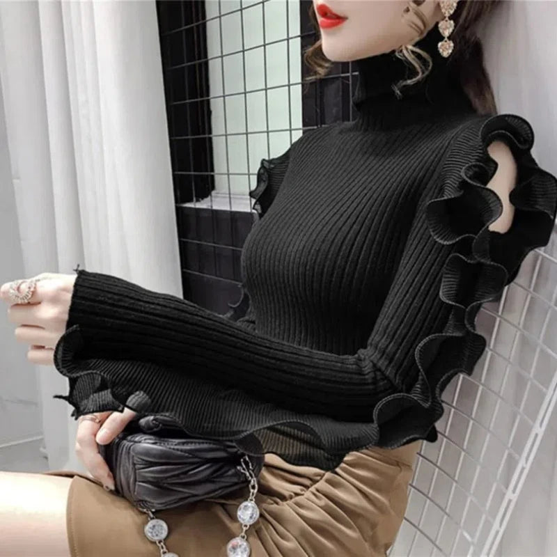 Turtleneck Knitted Ruffles Top For Autumn Winter New Off Shoulder Slim Long Sleeved Base Sweater Korean Fashion Woman Clothes