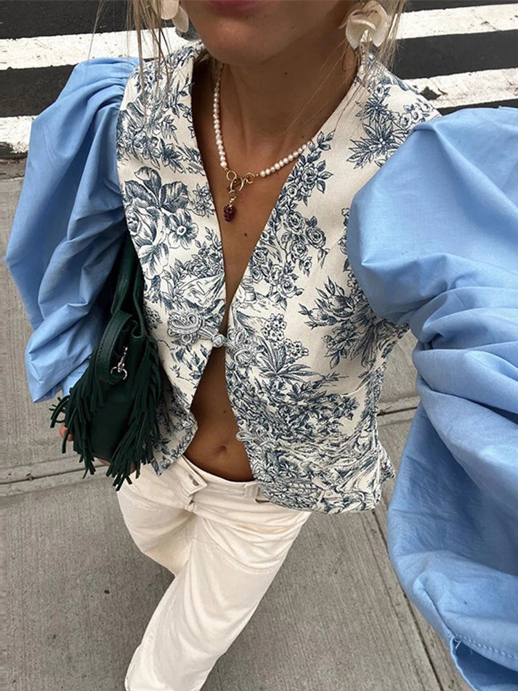 Chic Patchwork Print Floral Shirt Women V-neck Coil Buckle Lantern Sleeve Split Female Blouse 2024 Spring Summer Lady Streetwear