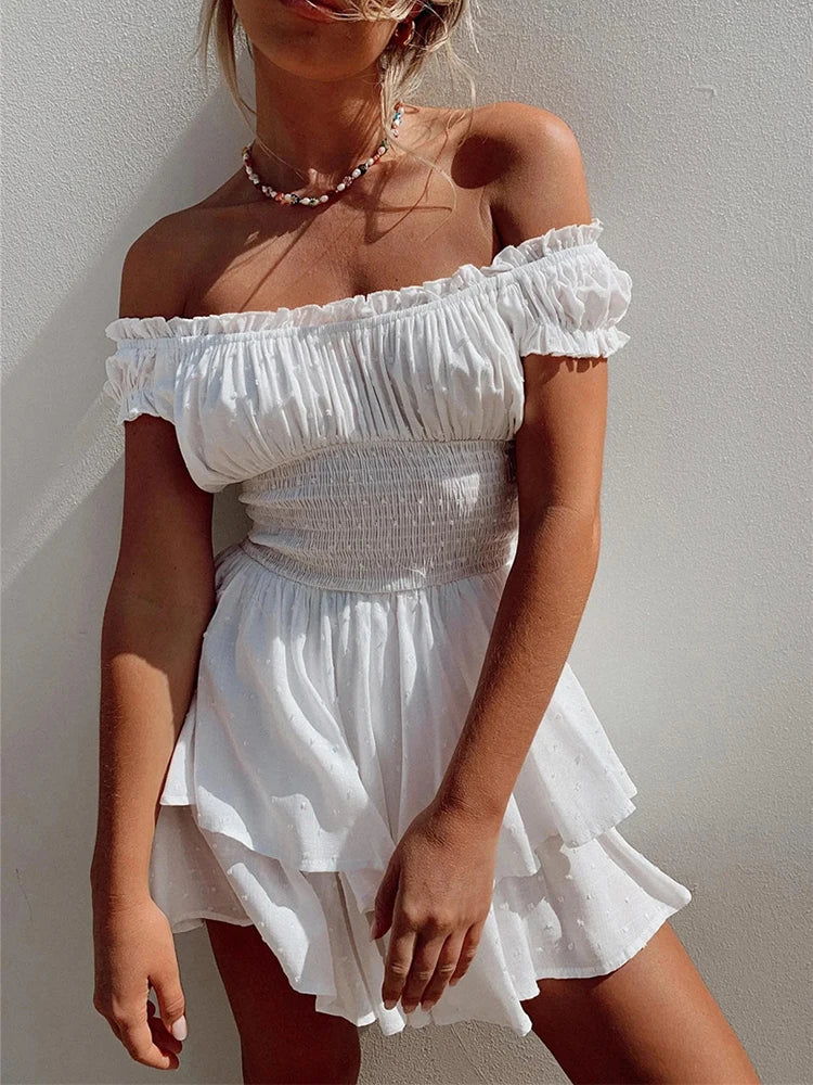 Short Sleeve White Dress Women‘s Summer Dress Fashion Ruffle Mini Dress Sexy Strapless Dress