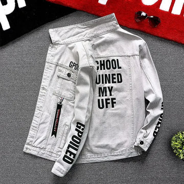 Male Jean Coats Button Punk Men's Denim Jacket Red Slim Fit With Print Worn Large Size Trendy Korean Style Designer Cowboy G L