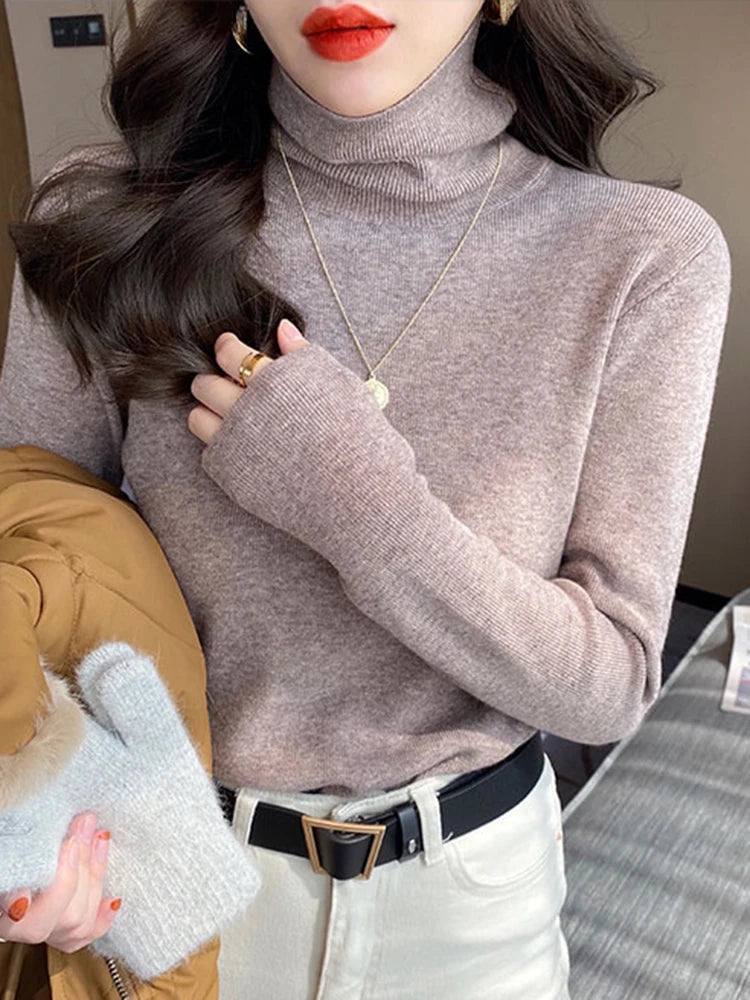 Women Turtleneck Sweaters Casual Soft Long Sleeve Pullovers Elastic Jumpers Knitwear Slim Basic Sweater For Women Autumn Winter