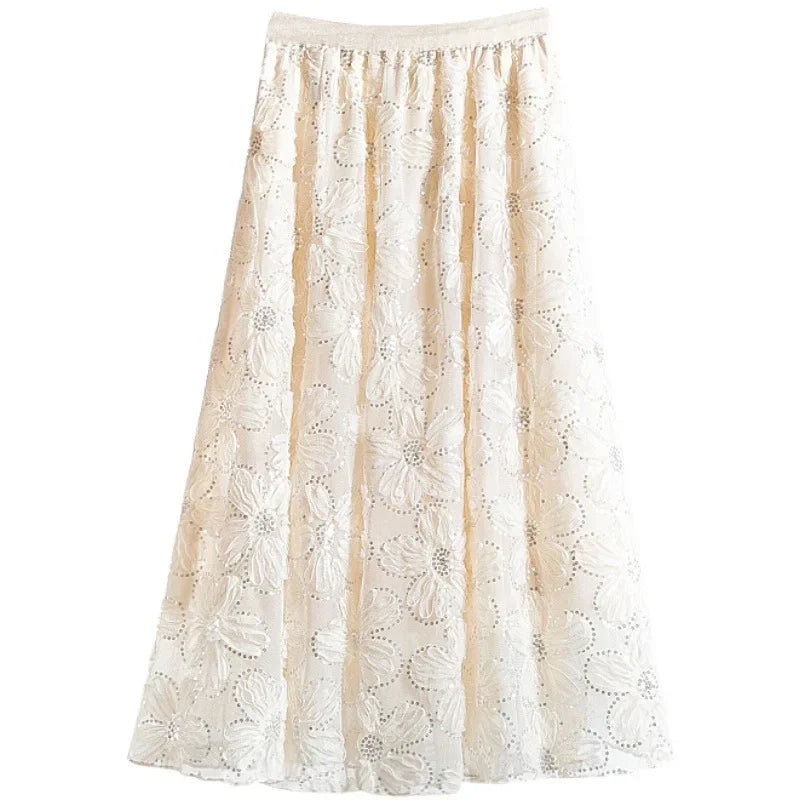 Gonne in tulle in pizzo Nuova primavera A-Line ricamo floreale perline paillettes luccicanti Mesh Tutu Gonna per le donne Faldas Mujer Moda P416