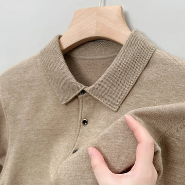 Autumn and Winter New Warm Soft Pullover Men's Business Lapel Knitwear Casual Solid Color Long Sleeve Polo Shirt Office