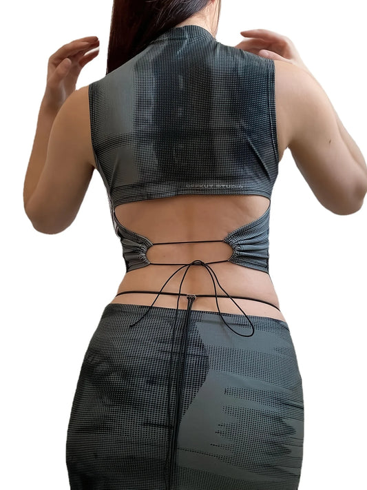 CHEEKDOURL Summer Fit Sexy Strap Design Fashion Round Neck Open Waist Sleeveless Printed Tank Top Women's Cropped