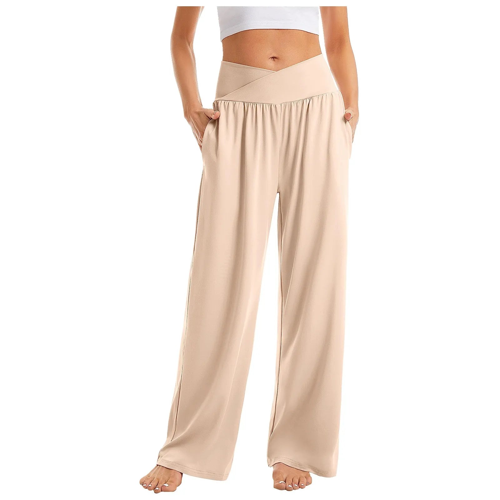 Women's High Waist Solid Color Casual Trousers Wide Leg Sports Pants With Pockets