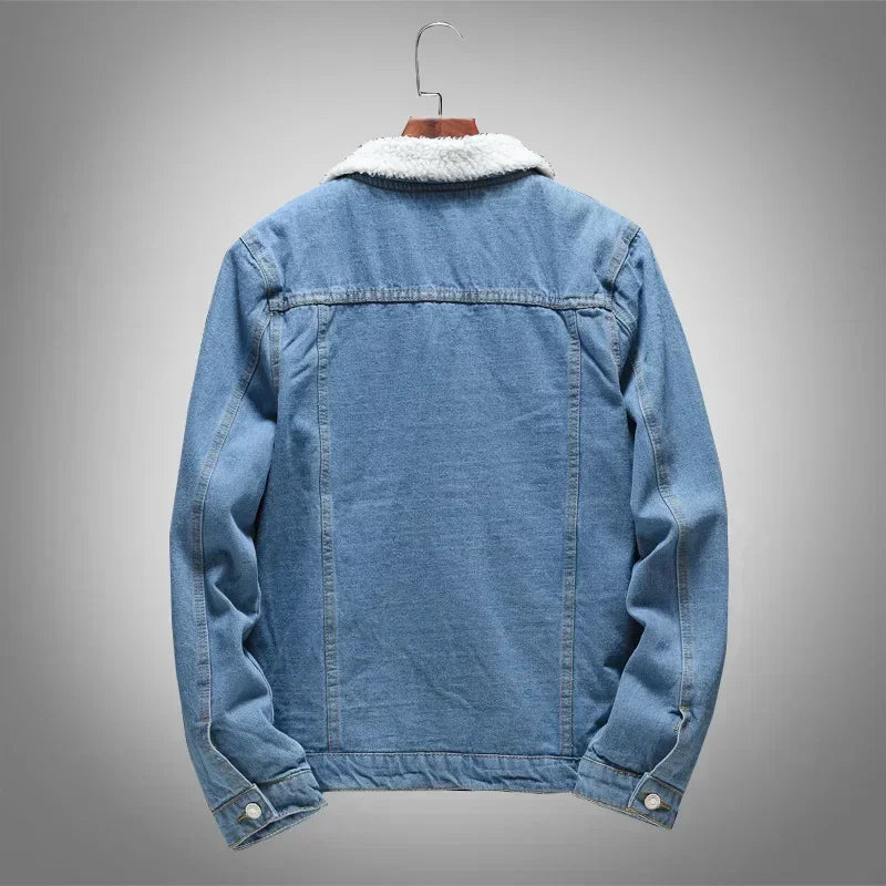 Winter New Fashion Men's Thicken Warm Lamb Wool Jean Jacket Causal Trendy American Multi Pocket Denim Jacket  Male Streetwear