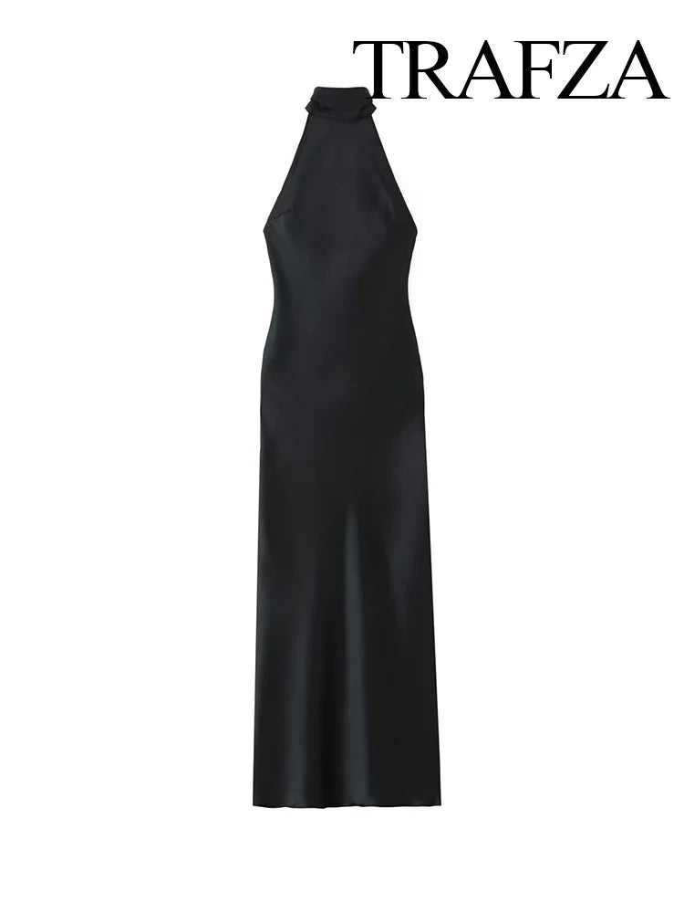 Trafza 2024 Frauen Mode Rückenlose Kleider sexy schwarze Halter Krawatte Satin Long Kleid Frau Bodycon Kleider neue Damen Luxusparty