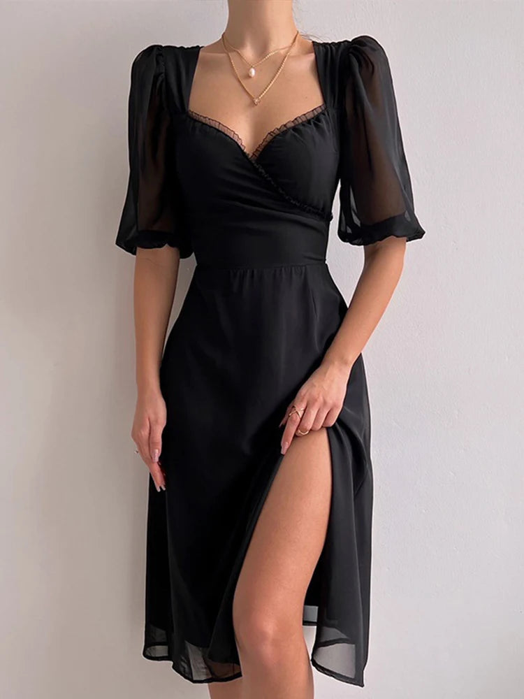 European and American fashion temperament women's clothing summer French low cut mid length slit dress for women