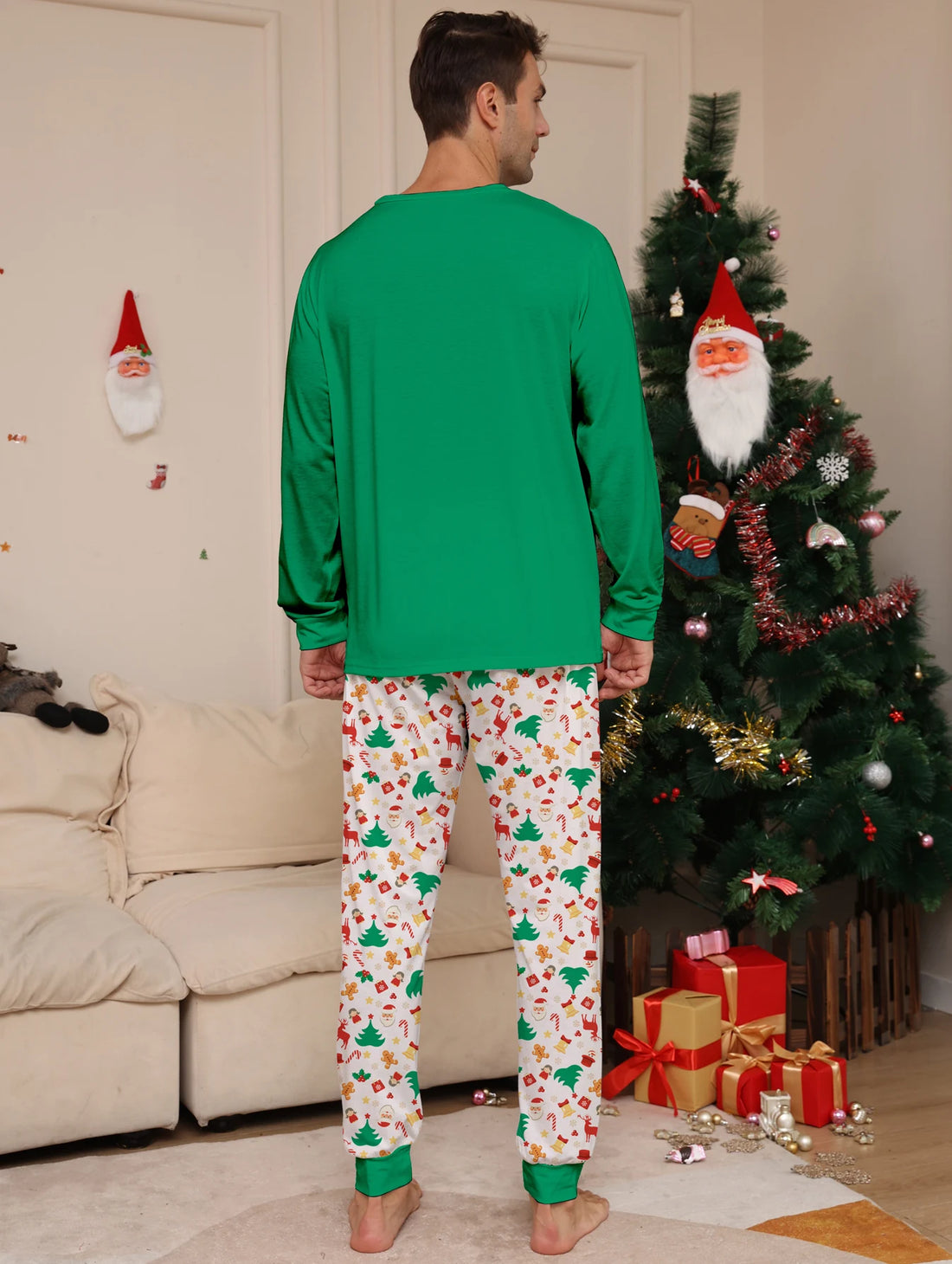 Men's Christmas Pajama Ensemble, Green Top with Gingerbread Man, Christmas Element - Filled Pants
