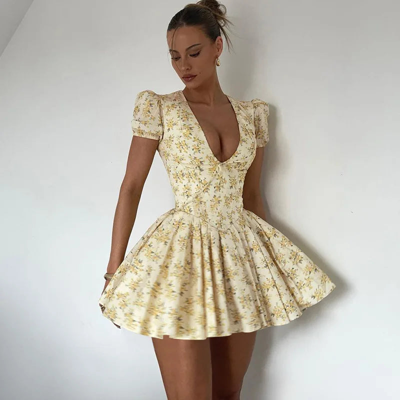 TARUXY Sexy Deep V Neck Women's Dresses 2024 Summer Fashion A-line Dress Female High Waist Pleated Printed Beach Party Dresses