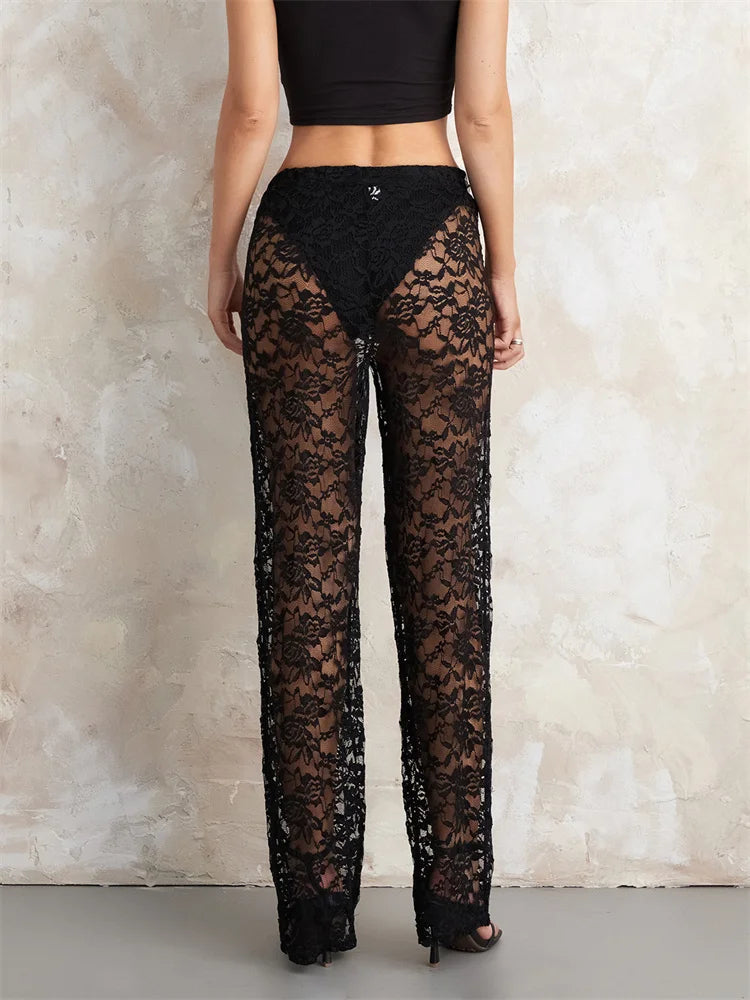 Women’s Sheer Lace Pants High Waist Wide Leg Flare Pants Bell-Bottoms Club Beach Sexy Trousers Streetwear